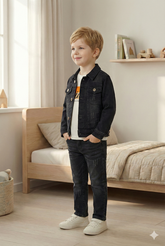 Rock Star, Siyah Yıpratmalı Ceket, Tişört ve Kot Pantolon 3'lü Takım