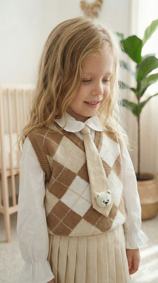 Kız Çocuk Triko Yelekli Şık 3'lü Takım - Bej