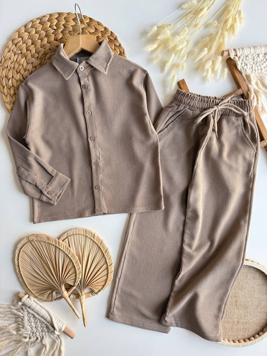 Winter Cool Oversize Kesim Kadife Gömlekli İkili Takım - Kahve