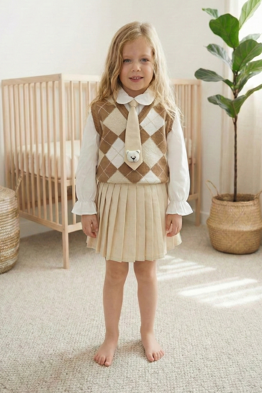 Kız Çocuk Triko Yelekli Şık 3'lü Takım - Bej