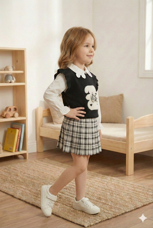 Puppy Love Köpek Figürlü Süveter, Gömlek ve Ekose Etek Takım - Siyah