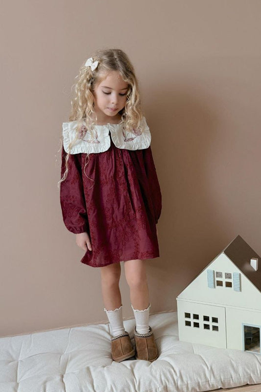 Bordo Nakışlı & Geniş Yakalı Vintage Tarz Kız Çocuk Elbise