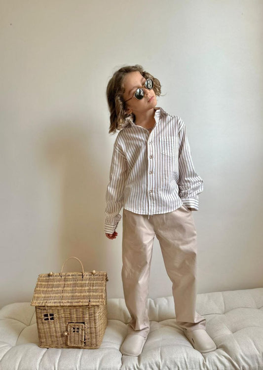 Cool Boy - Çizgili Gömlek ve Bej Pantolon Takım