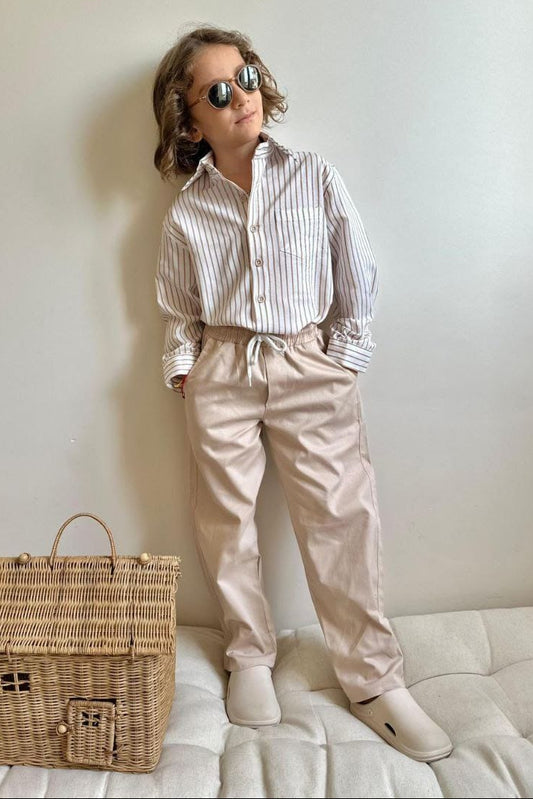 Cool Boy - Çizgili Gömlek ve Bej Pantolon Takım