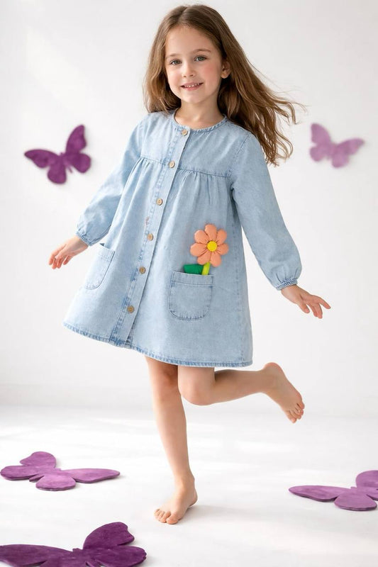 3 Boyutlu Çiçek Cepli Yumuşak Denim Kız Çocuk Elbise