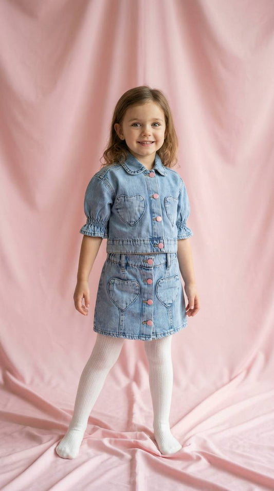 Kalp Cepli ve Pembe Düğmeli Kız Çocuk Denim Etek-Ceket Takım