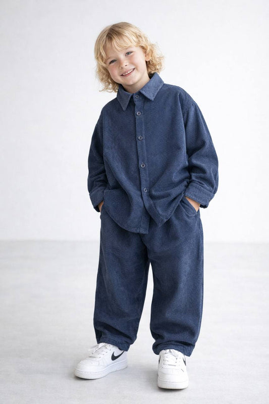 Winter Cool Oversize Kesim Kadife Gömlekli İkili Takım - Mavi